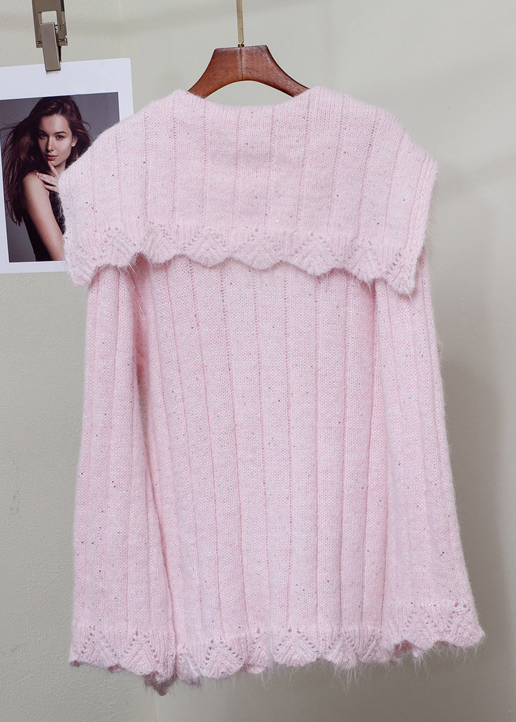 Elegant Pink Fox Fur Floral Button Patchwork Knit Sweater