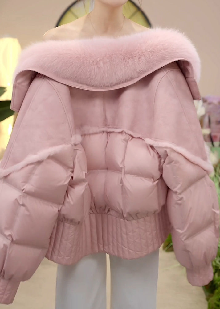 Elegant Pink Fur Collar Button Patchwork Duck Down Puffer Jacket Winter