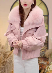 Elegant Pink Fur Collar Button Patchwork Duck Down Puffer Jacket Winter