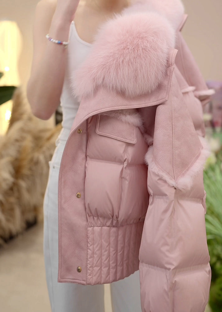 Elegant Pink Fur Collar Button Patchwork Duck Down Puffer Jacket Winter