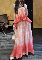 Elegant Pink Gradient Color Ruffled Linen Silk Long Dress Sleeveless