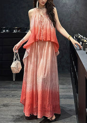 Elegant Pink Gradient Color Ruffled Linen Silk Long Dress Sleeveless