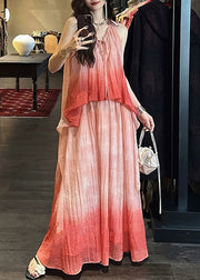 Elegant Pink Gradient Color Ruffled Linen Silk Long Dress Sleeveless