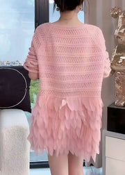 Elegant Pink Hollow Out Zircon Patchwork Knit Mid Dresses Fall
