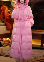 Elegant Pink Hooded Ruffled Side Open Duck Down Down Long Coats Winter