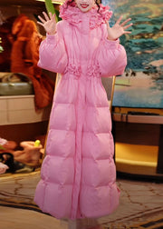 Elegant Pink Hooded Ruffled Side Open Duck Down Down Long Coats Winter