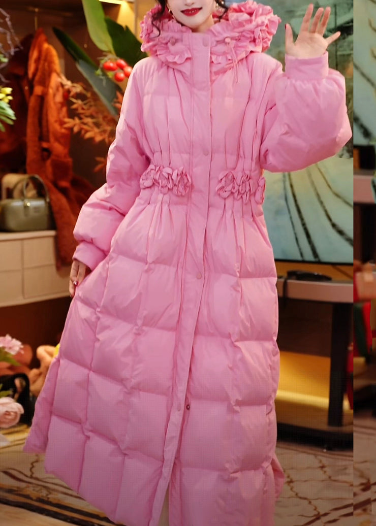 Elegant Pink Hooded Ruffled Side Open Duck Down Down Long Coats Winter