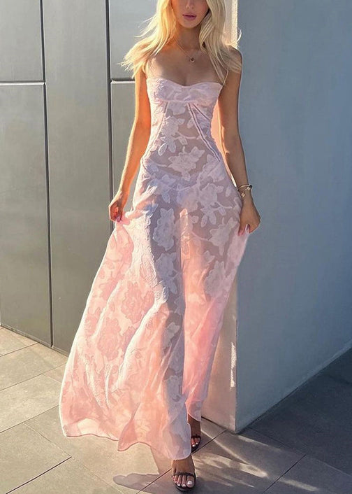 Elegant Pink Lace Up Lace Spaghetti Strap Dress Sleeveless