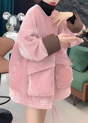 Elegant Pink O Neck Pockets Lace Up Cotton Filled Parkaer Winter