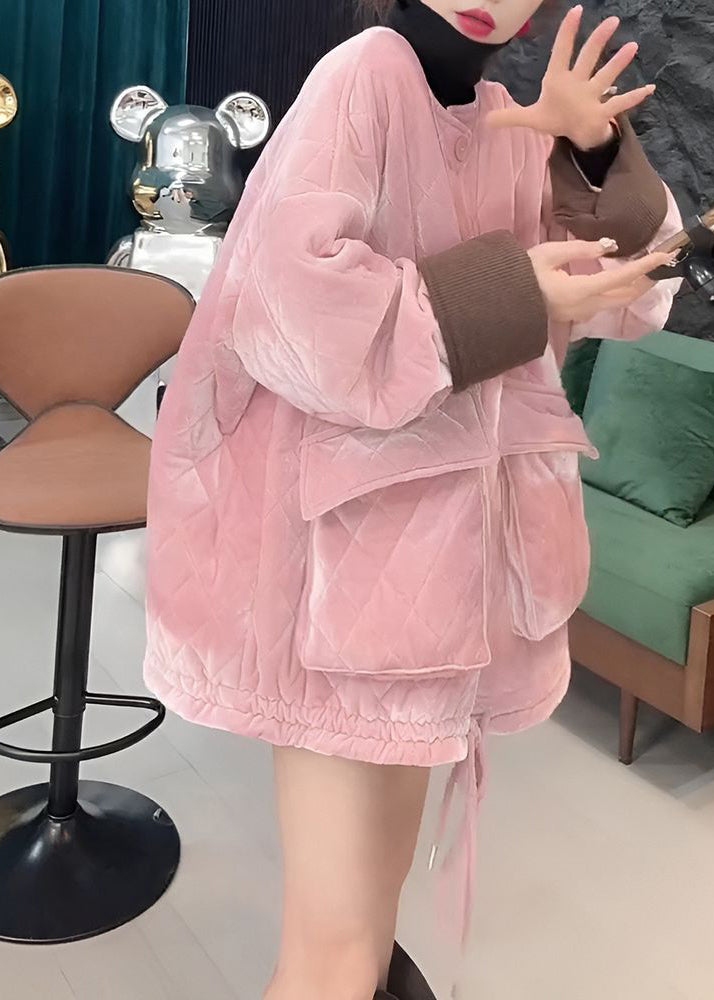 Elegant Pink O Neck Pockets Lace Up Cotton Filled Parkaer Winter