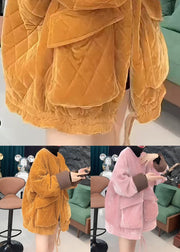 Elegant Pink O Neck Pockets Lace Up Cotton Filled Parkaer Winter