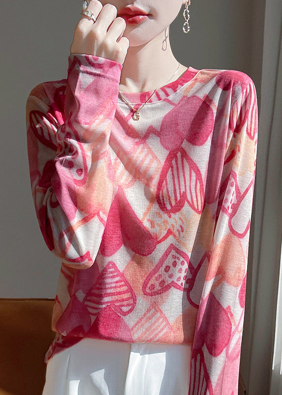Elegant Pink O-Neck Print Cotton UPF 50+ Shirt Top Fall