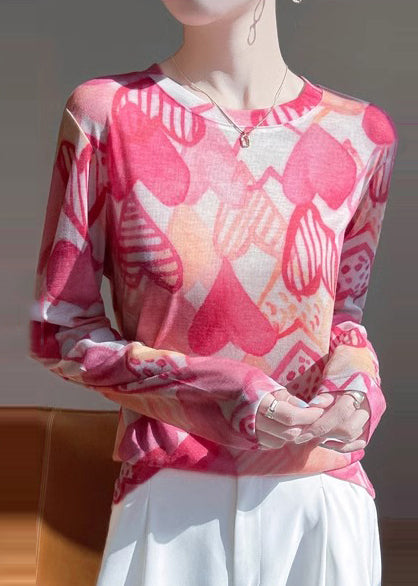 Elegant Pink O-Neck Print Cotton UPF 50+ Shirt Top Fall