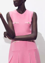 Elegant Pink O Neck Wrinkled Knit Mini Dresses Sleeveless