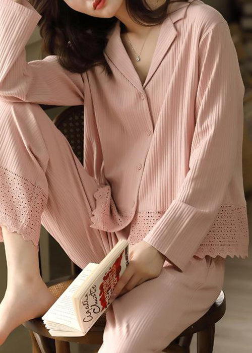 Elegant Pink Peter Pan Collar Hollow Out Cotton Pajamas Two Pieces Set Fall