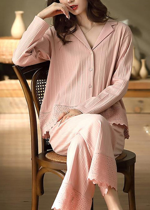 Elegant Pink Peter Pan Collar Hollow Out Cotton Pajamas Two Pieces Set Fall
