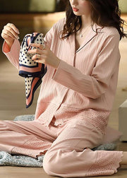 Elegant Pink Peter Pan Collar Hollow Out Cotton Pajamas Two Pieces Set Fall