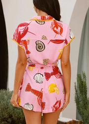Elegant Pink Peter Pan Collar Print Tie Waist Jumpsuit Summer