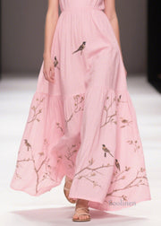 Elegant Pink Print Cotton Holiday Dress Butterfly Sleeve