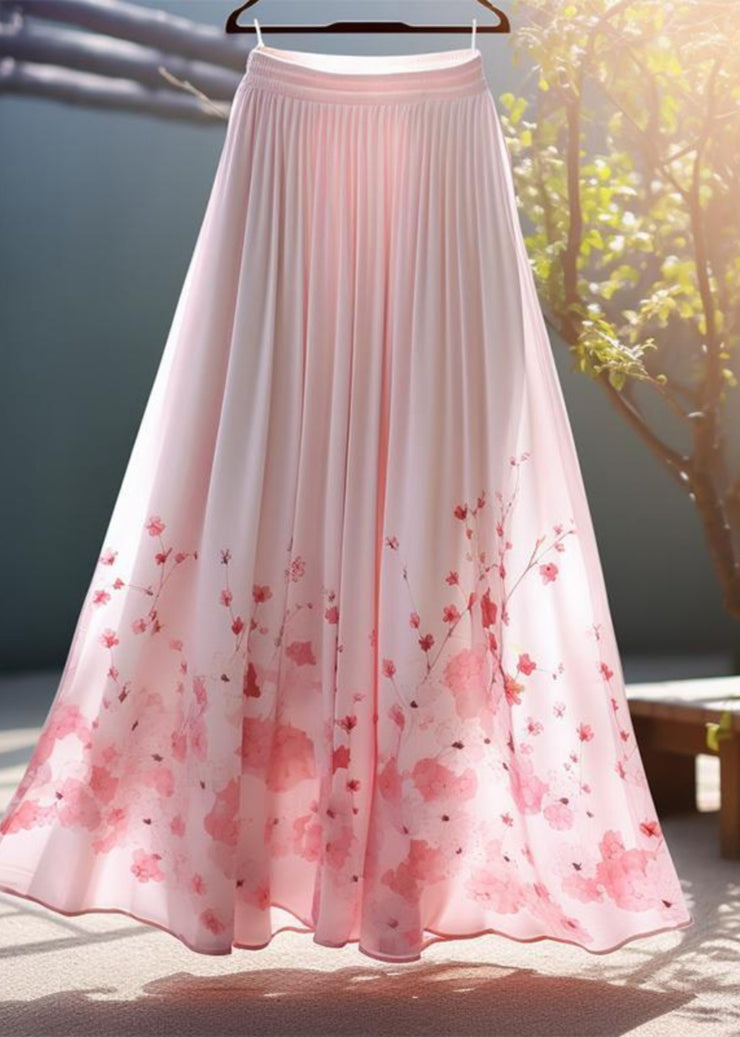 Elegant Pink Print Elastic Waist Chiffon Skirt Summer