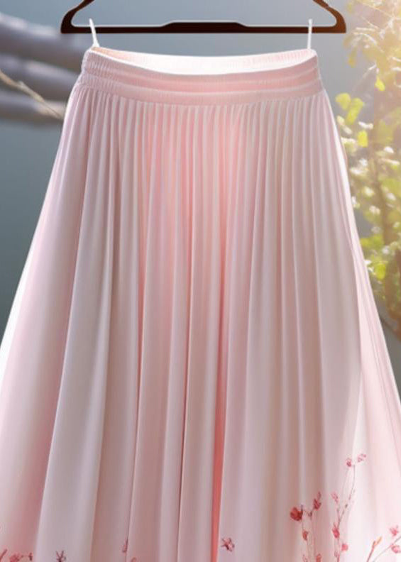 Elegant Pink Print Elastic Waist Chiffon Skirt Summer