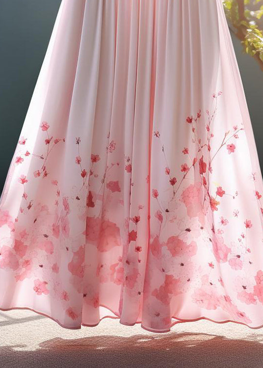 Elegant Pink Print Elastic Waist Chiffon Skirt Summer