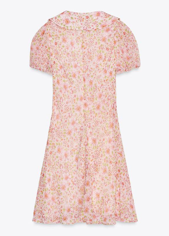 Elegant Pink Print Lace Up Cotton Mid Dress Summer