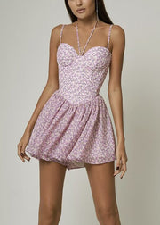 Elegant Pink Print Lace Up Cotton Spaghetti Strap Dress Sleeveles
