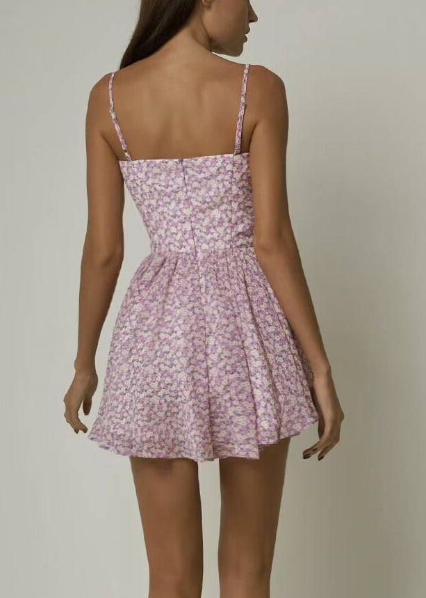 Elegant Pink Print Lace Up Cotton Spaghetti Strap Dress Sleeveles