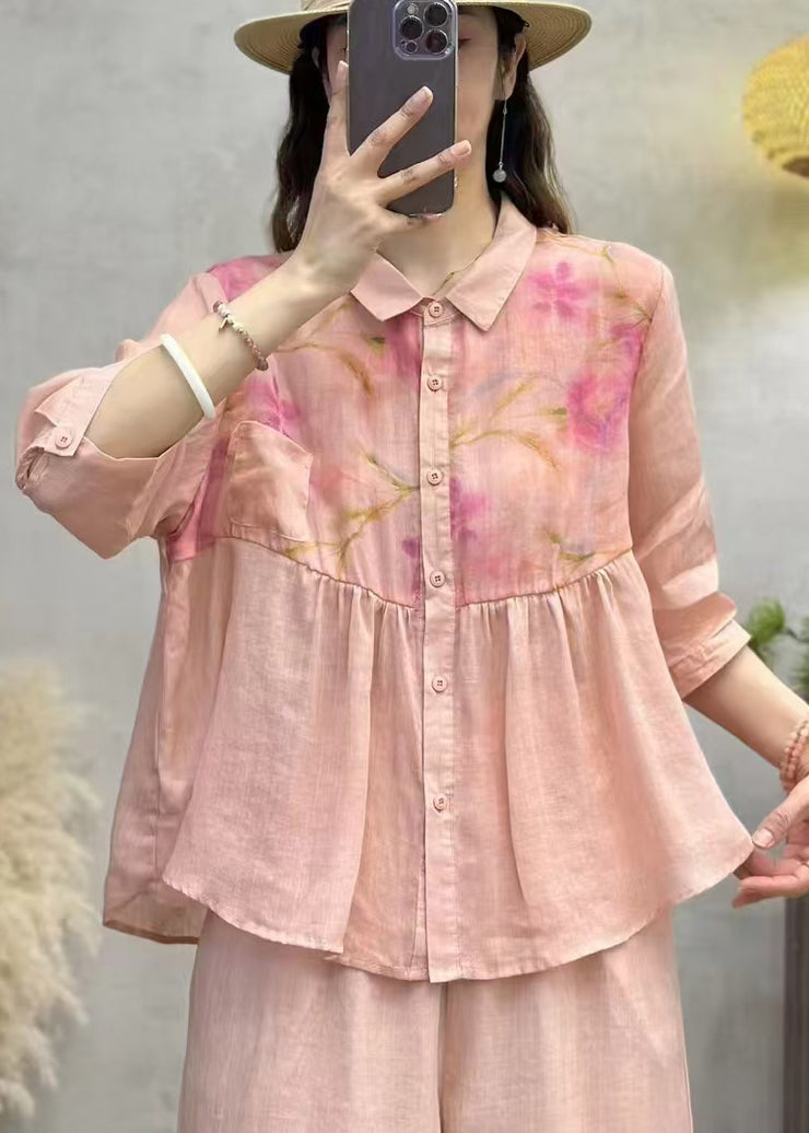 Elegant Pink Print Patchwork Linen Shirt Top Half Sleeve