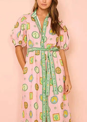 Elegant Pink Print Tie Waist Cotton Blouses Dresses Half Sleeve