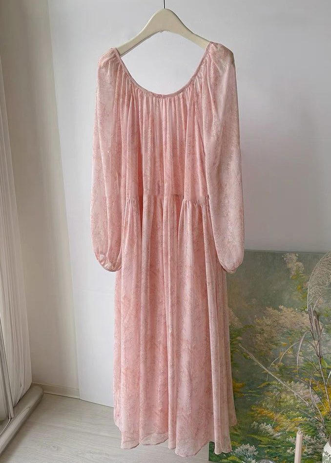 Elegant Pink Print Wrinkled Lace Up Chiffon Long Dress Fall