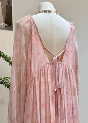 Elegant Pink Print Wrinkled Lace Up Chiffon Long Dress Fall