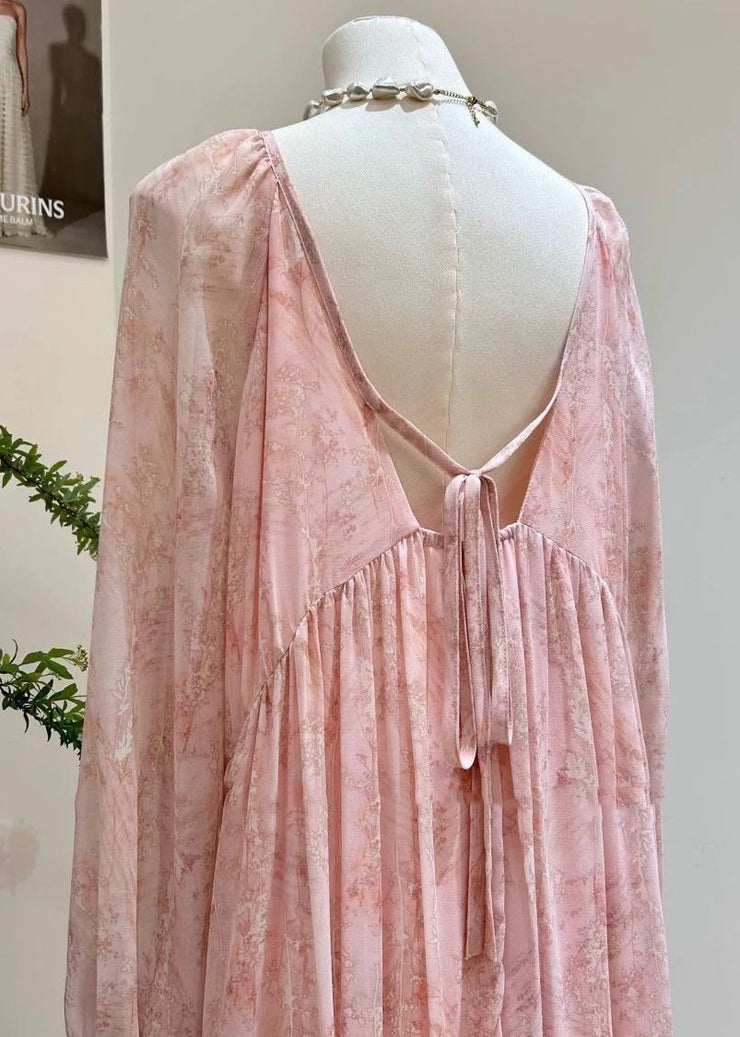 Elegant Pink Print Wrinkled Lace Up Chiffon Long Dress Fall