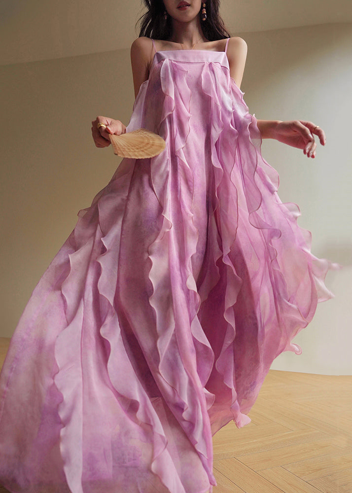 Elegant Pink Ruffled Chiffon Spaghetti Strap Dress Sleeveless
