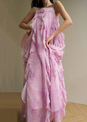 Elegant Pink Ruffled Chiffon Spaghetti Strap Dress Sleeveless