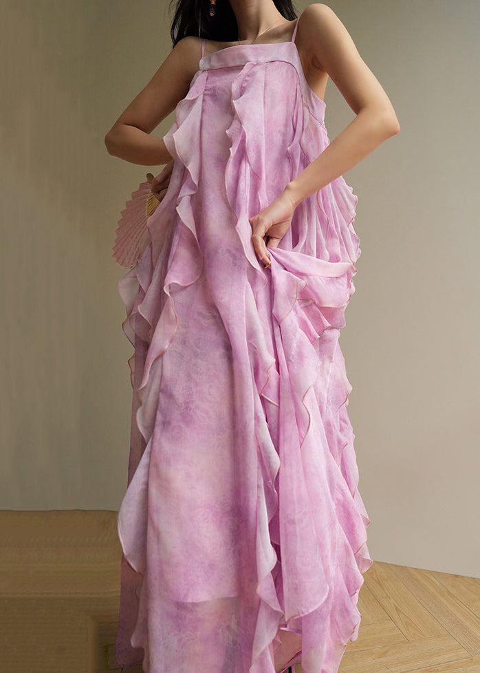 Elegant Pink Ruffled Chiffon Spaghetti Strap Dress Sleeveless