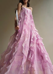 Elegant Pink Ruffled Chiffon Spaghetti Strap Dress Sleeveless