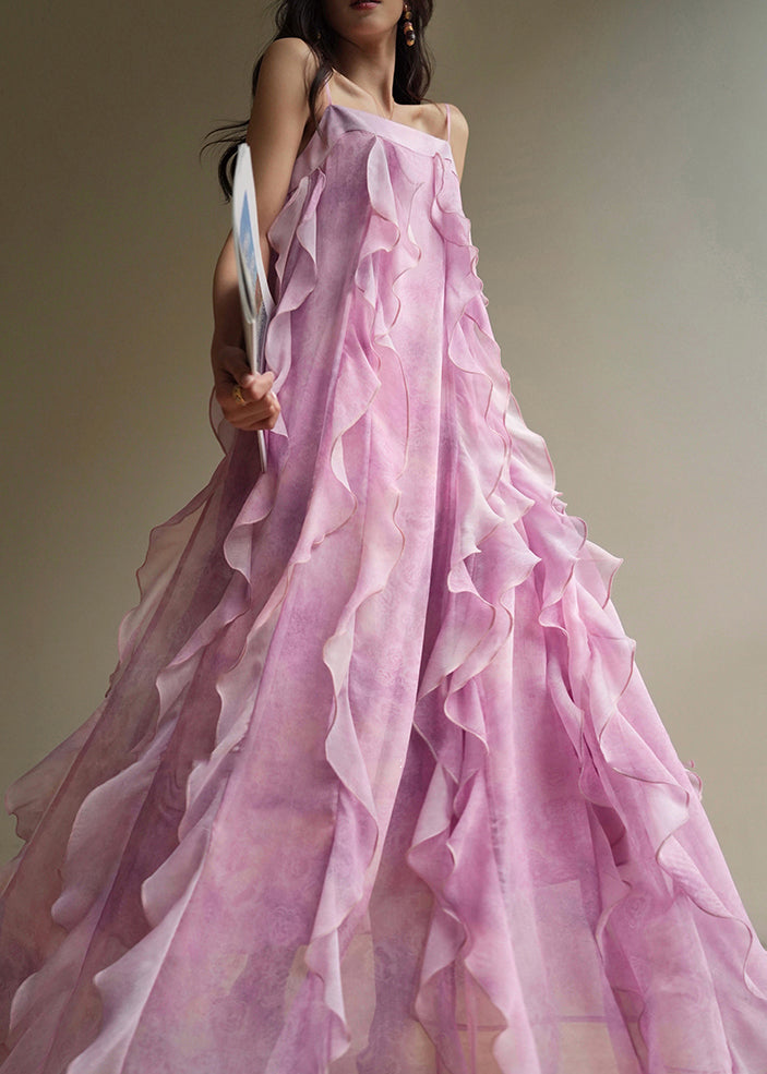 Elegant Pink Ruffled Chiffon Spaghetti Strap Dress Sleeveless