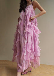 Elegant Pink Ruffled Chiffon Spaghetti Strap Dress Sleeveless