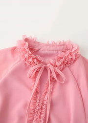 Elegant Pink Ruffled Lace Up Chiffon Mid Dress Flare Sleeve