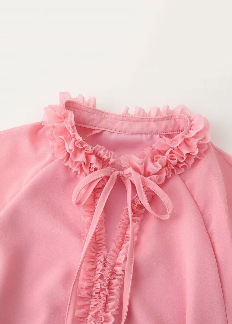Elegant Pink Ruffled Lace Up Chiffon Mid Dress Flare Sleeve