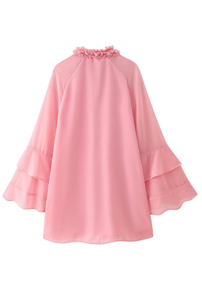 Elegant Pink Ruffled Lace Up Chiffon Mid Dress Flare Sleeve