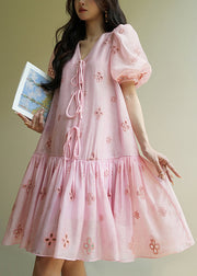 Elegant Pink V Neck Hollow Out Lace Up Cotton Dress Summer