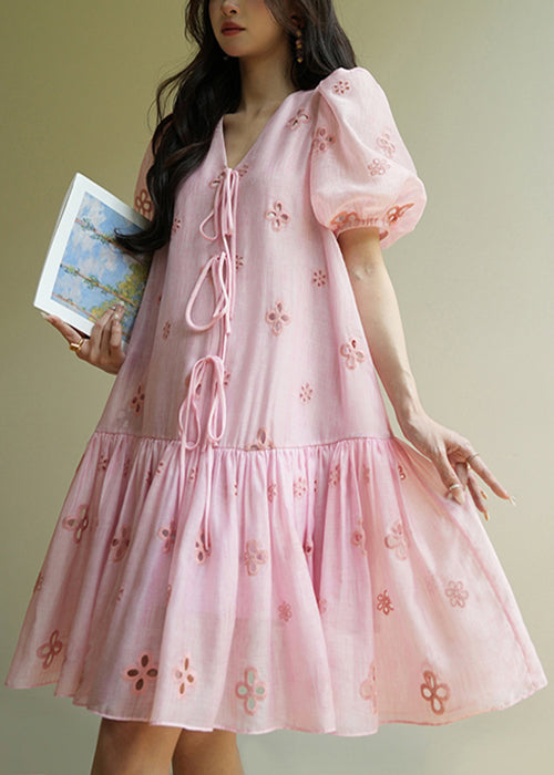 Elegant Pink V Neck Hollow Out Lace Up Cotton Dress Summer