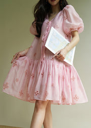 Elegant Pink V Neck Hollow Out Lace Up Cotton Dress Summer