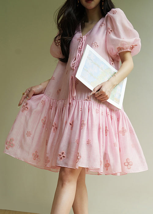 Elegant Pink V Neck Hollow Out Lace Up Cotton Dress Summer