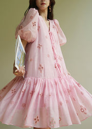 Elegant Pink V Neck Hollow Out Lace Up Cotton Dress Summer