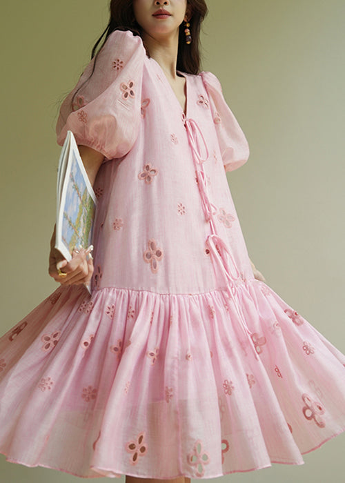 Elegant Pink V Neck Hollow Out Lace Up Cotton Dress Summer