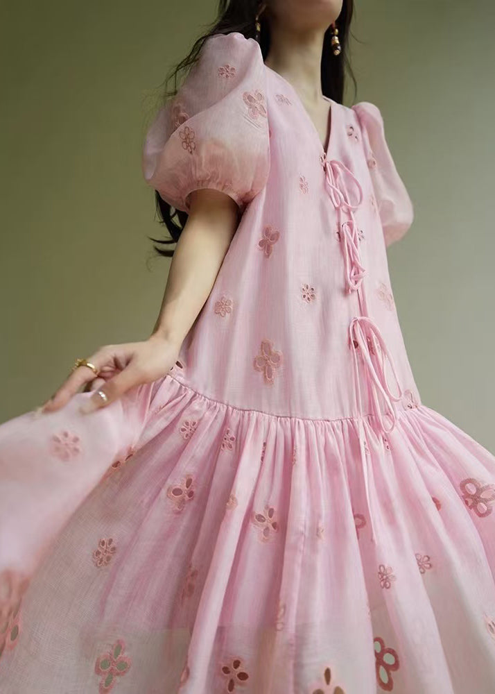 Elegant Pink V Neck Hollow Out Lace Up Cotton Dress Summer